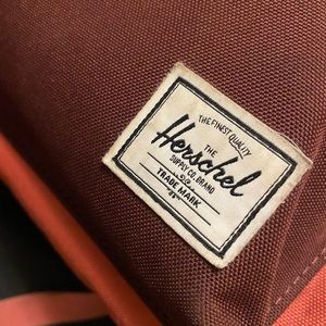 Herschel backpack, coral and maroon. 14”H 10”L 5-6”W